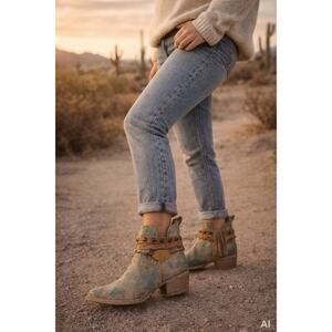Circle G Distressed Turquoise Leather Western Ankle Boots Studded Fringe Size 7